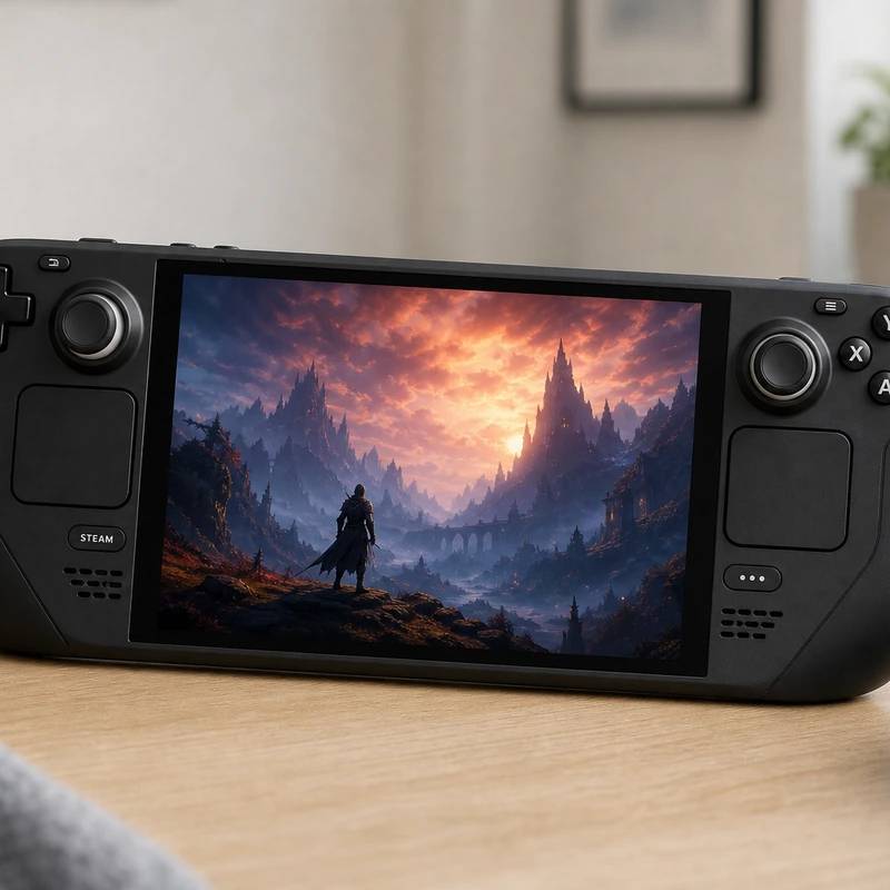 Valve Steam Deck OLED handheld gaming PC on a bright desk