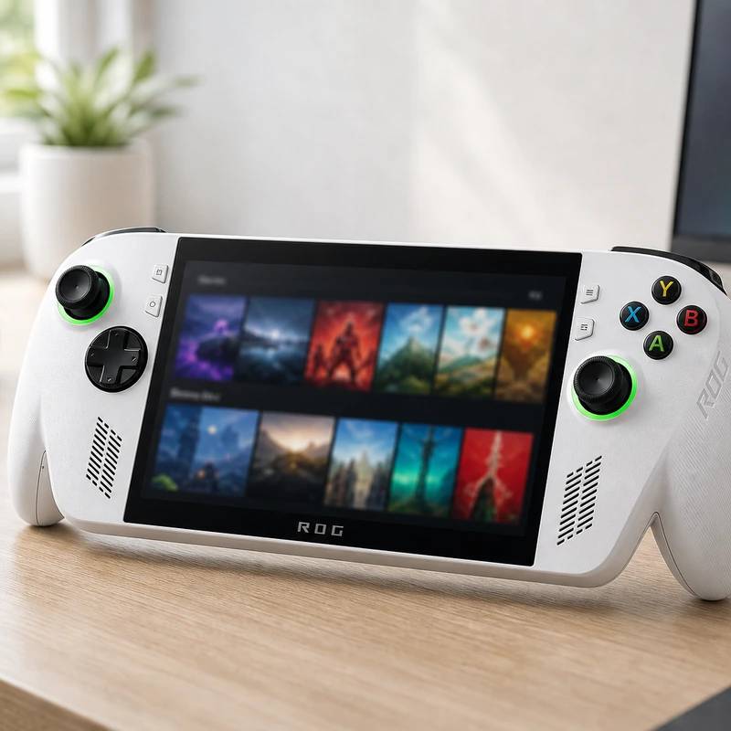 ASUS ROG Xbox Ally handheld gaming PC on a bright desk
