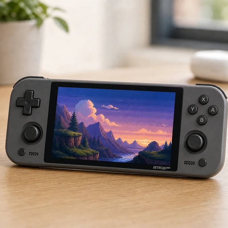 Retroid Pocket 6 retro gaming handheld on a bright desk