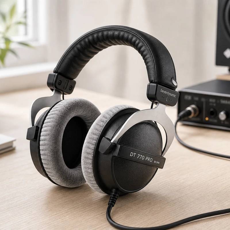 Beyerdynamic DT 770 Pro 80 Ohm wired studio headphones on a bright studio desk
