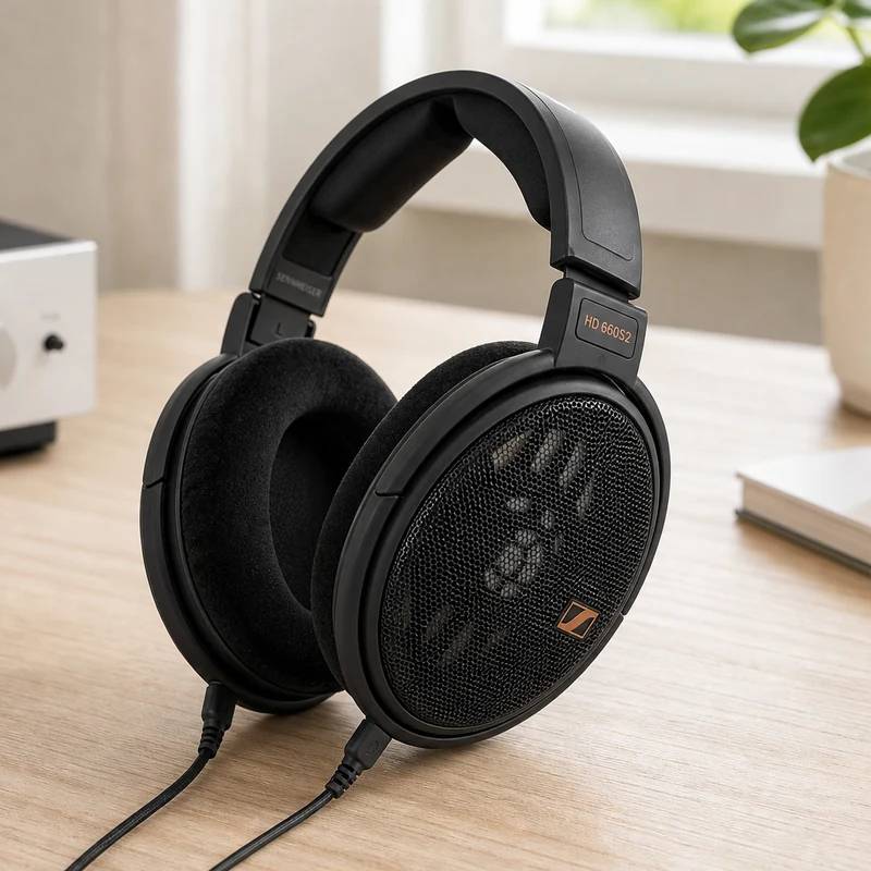 Sennheiser HD 660S2 open-back wired headphones on a bright listening desk
