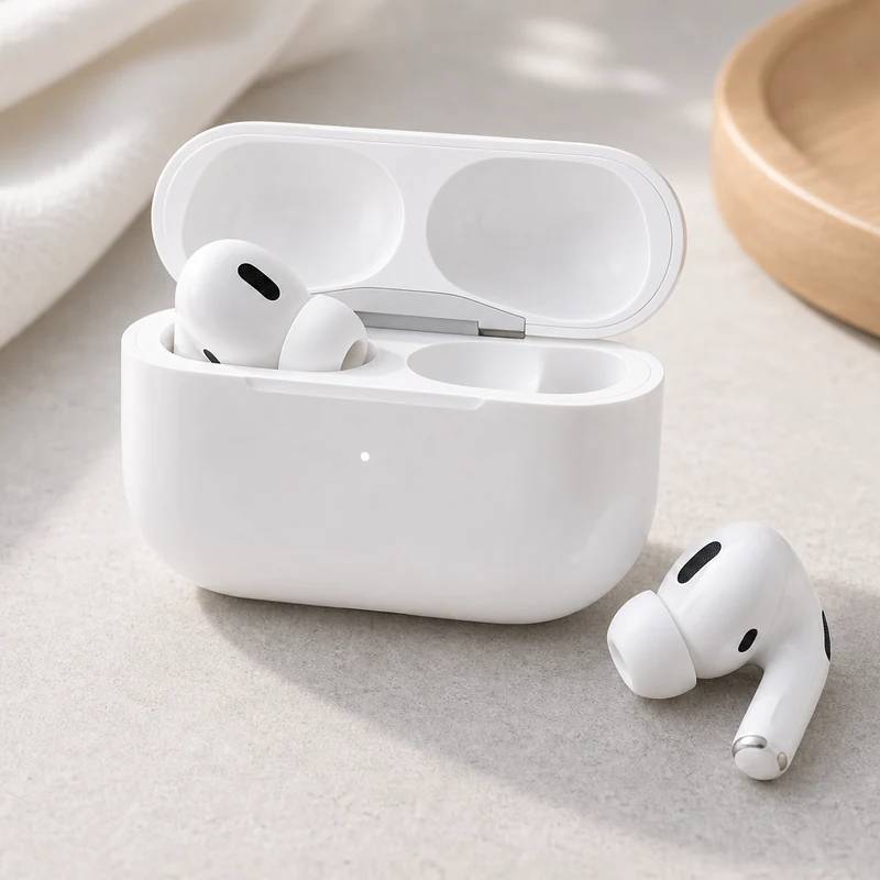 Apple AirPods Pro 3 earbuds and charging case on a bright desk