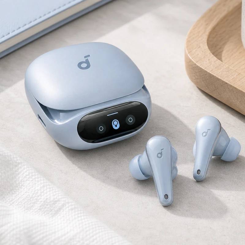 Soundcore Liberty 5 Pro wireless earbuds and charging case on a bright desk