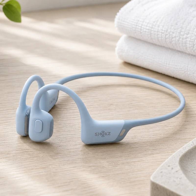 Shokz OpenRun Pro 2 open-ear running headphones on a bright desk