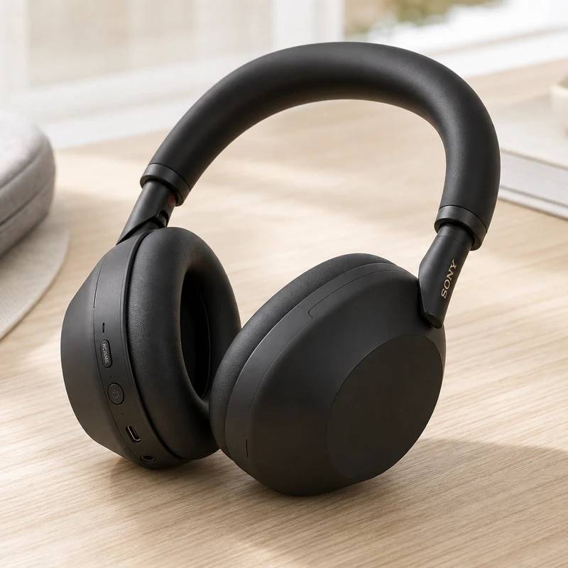 Sony WH-1000XM6 noise-canceling headphones on a bright desk