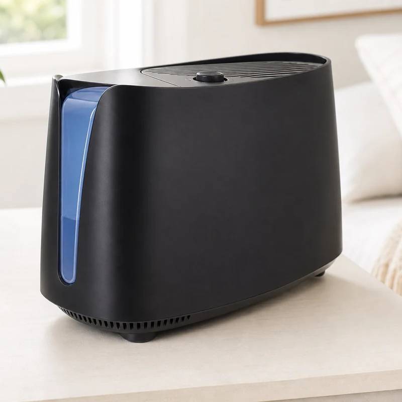 Honeywell HCM-350 evaporative humidifier in a bright bedroom setting
