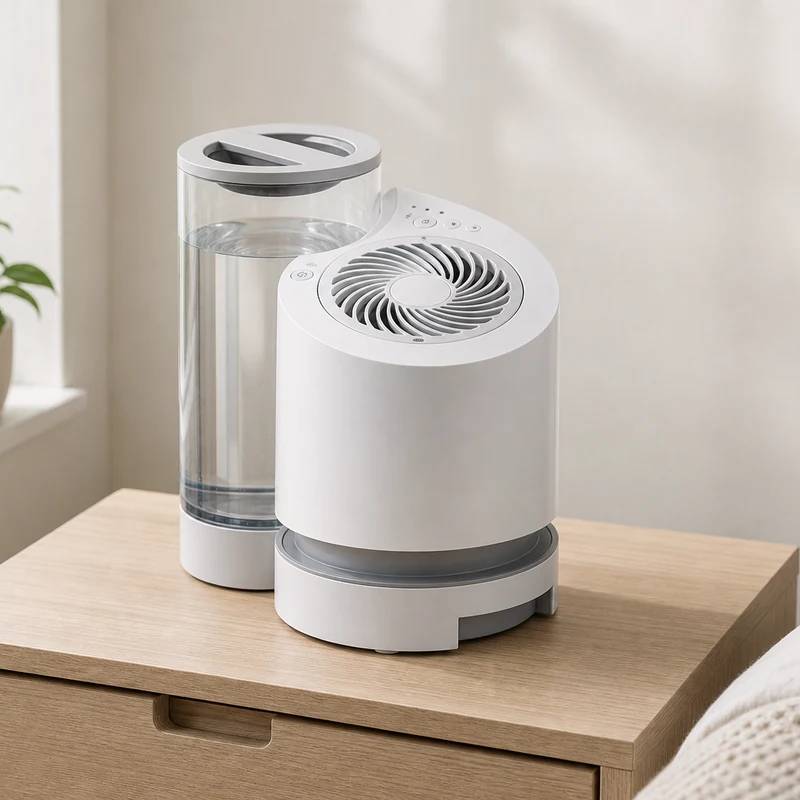 Vornado EV100 evaporative humidifier in a bright bedroom setting