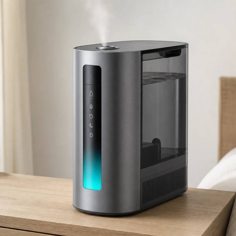 Dreo HM713S warm and cool mist humidifier in a bright bedroom setting