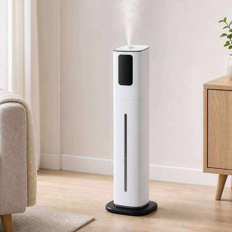Levoit OasisMist 1000S tower humidifier in a bright living room setting