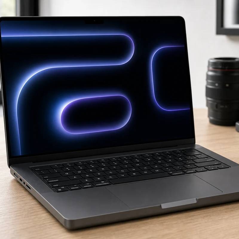 Apple MacBook Pro 14-inch M5 Pro laptop in a bright creator workspace