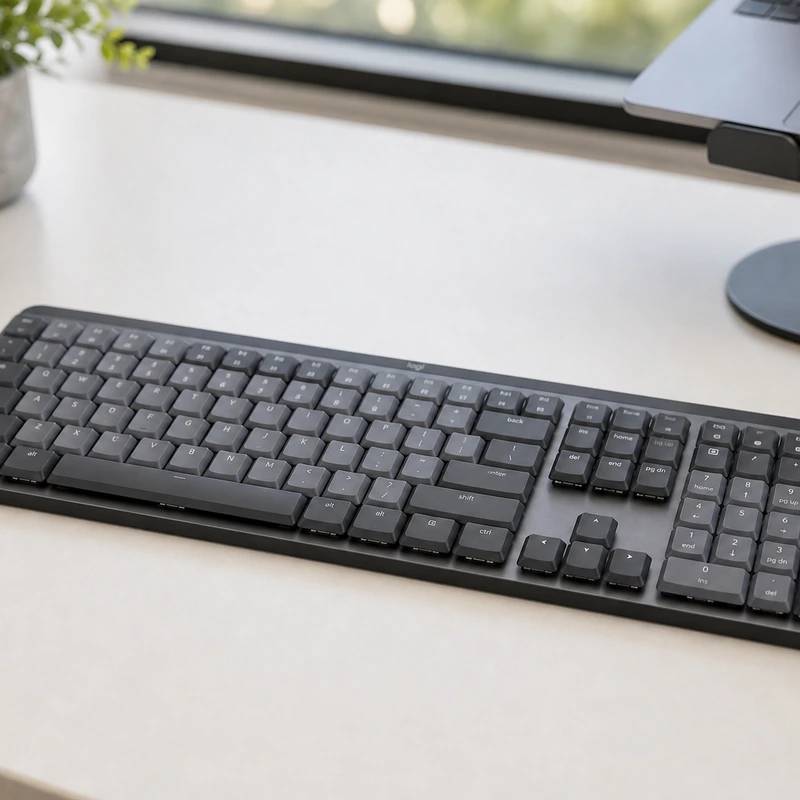 Logitech MX Mechanical full-size low-profile keyboard on a desk