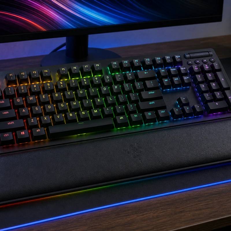 Razer BlackWidow V4 Pro RGB mechanical keyboard with wrist rest on a desk