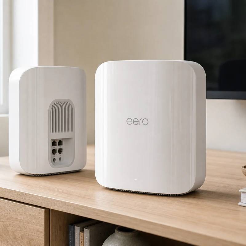 Amazon Eero Max 7 mesh Wi-Fi system in a bright home interior