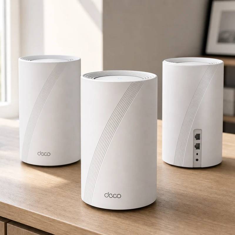 TP-Link Deco BE63 mesh Wi-Fi system in a bright home interior