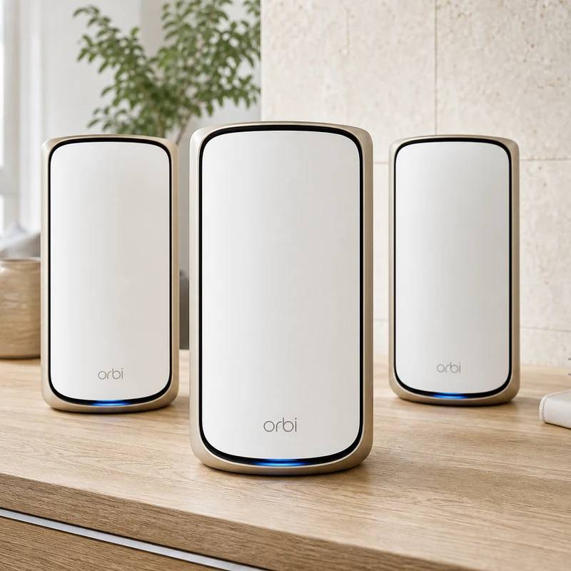 Netgear Orbi 970 Series mesh Wi-Fi system in a bright home interior