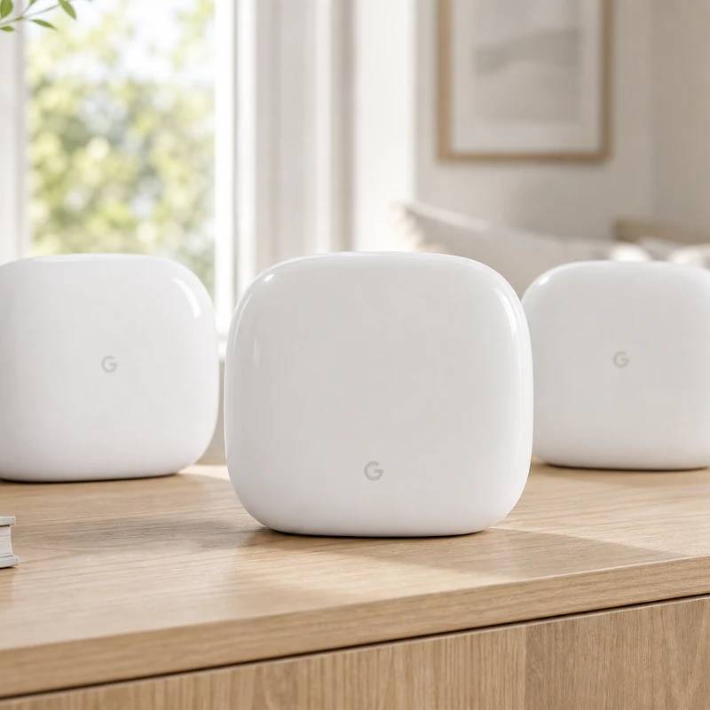 Google Nest Wifi Pro mesh Wi-Fi system in a bright home interior