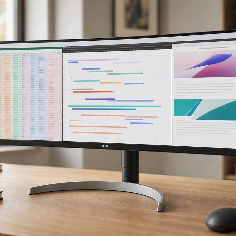 LG 34WN80C-B 34-inch UltraWide monitor on a bright desk