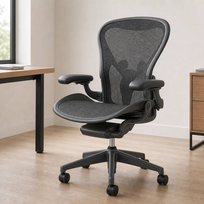 Herman Miller Aeron Remastered mesh office chair in a bright office