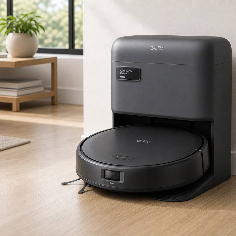 Eufy C10 robot vacuum and auto-empty dock in a bright home interior
