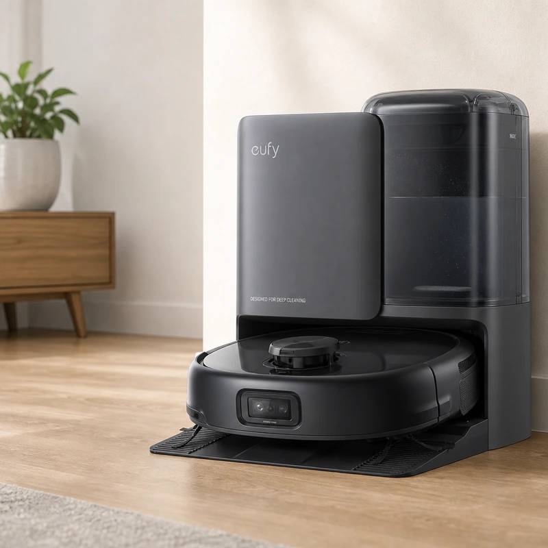 Eufy E25 Omni robot vacuum and self-cleaning station in a bright home interior