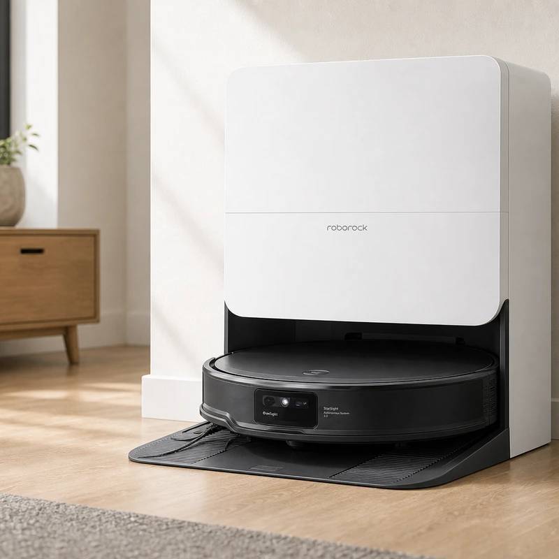 Roborock Saros 20 robot vacuum and dock in a bright home interior