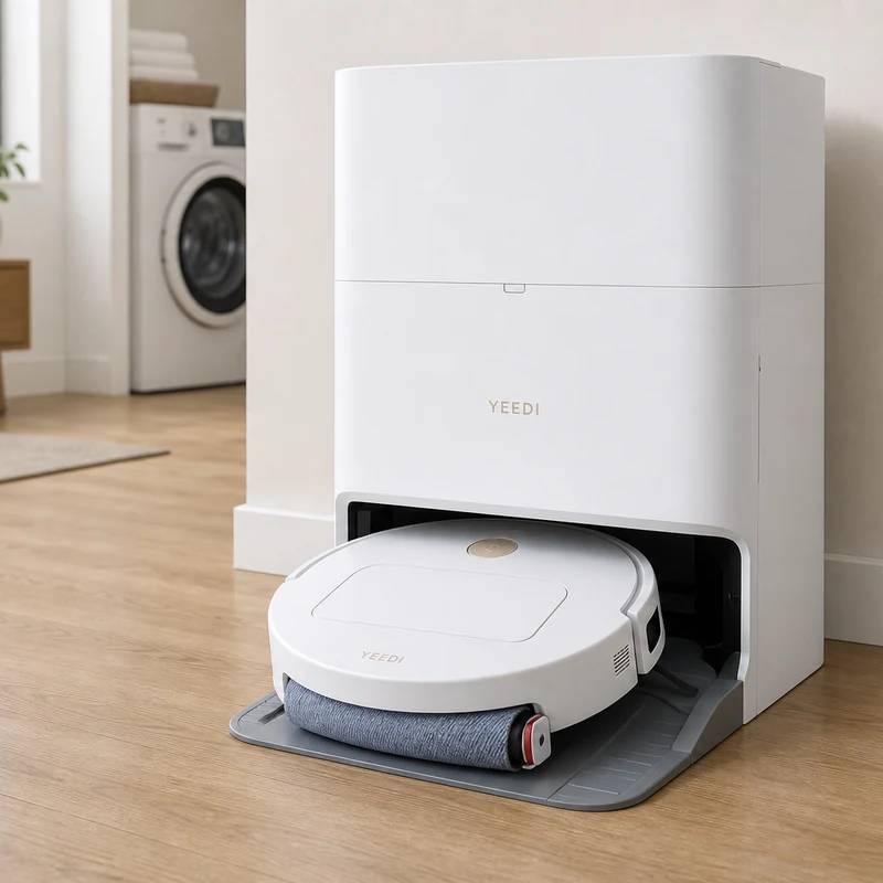 Yeedi M14 Plus robot vacuum with white all-in-one station and roller mop in a bright home interior
