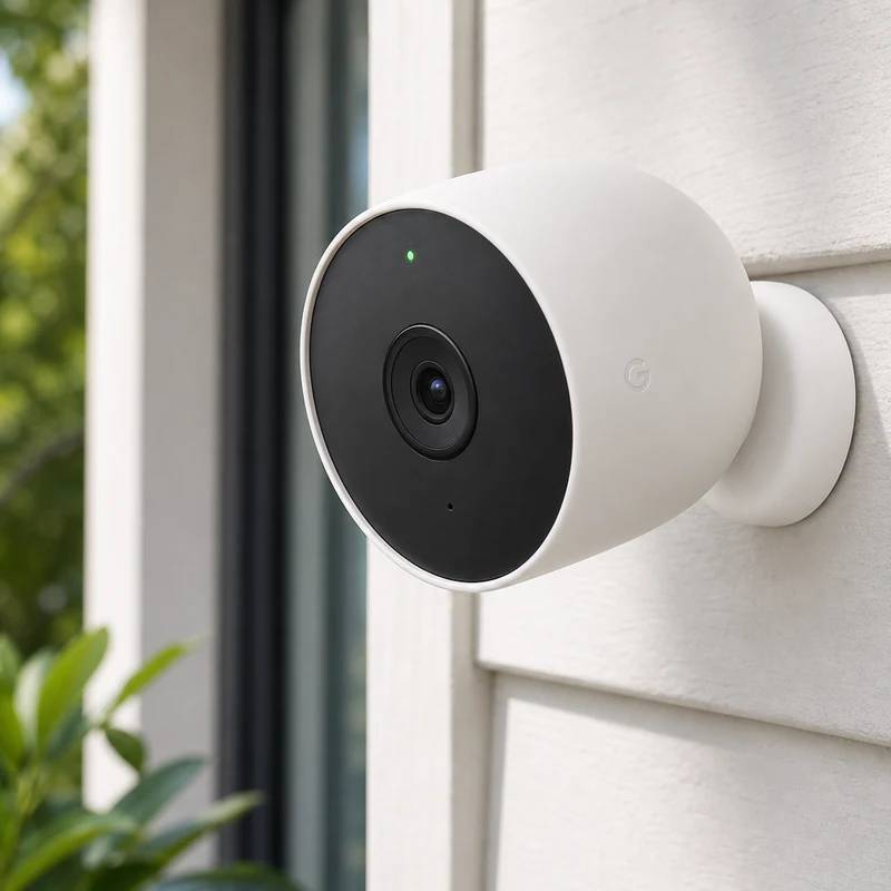 Google Nest Cam Battery security camera on a bright home exterior