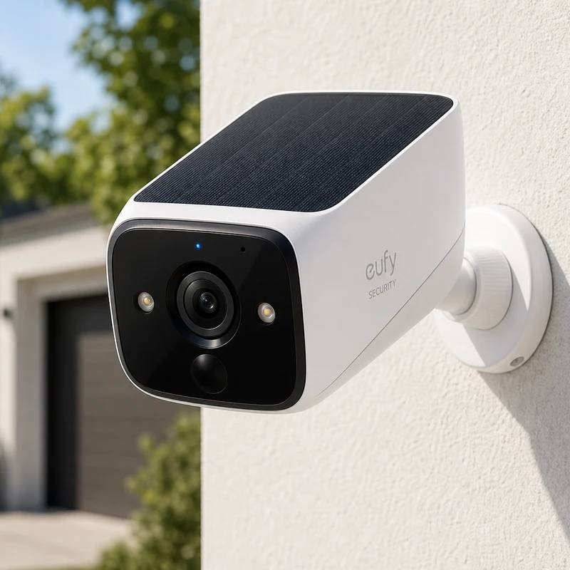eufyCam S3 Pro security camera on a bright home exterior