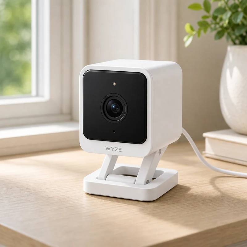 Wyze Cam v4 security camera in a bright home interior
