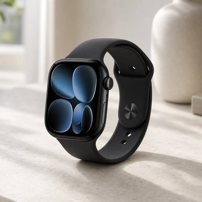 Apple Watch Series 11 in black with sport band on a light tabletop