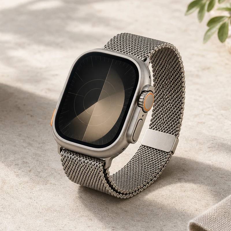 Apple Watch Ultra 3 with titanium Milanese Loop on a light tabletop