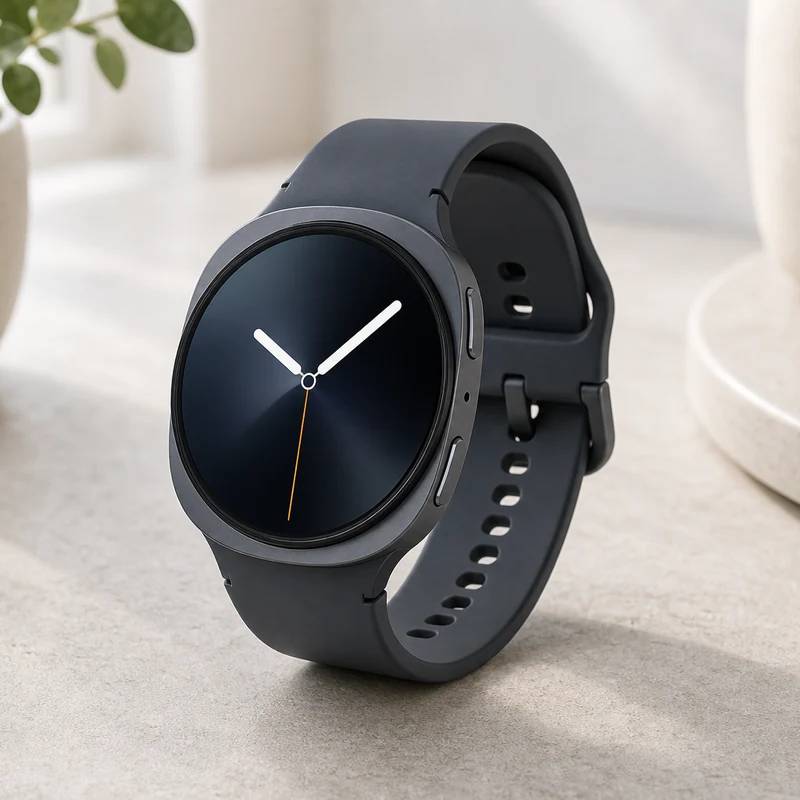Samsung Galaxy Watch 8 in graphite on a light tabletop