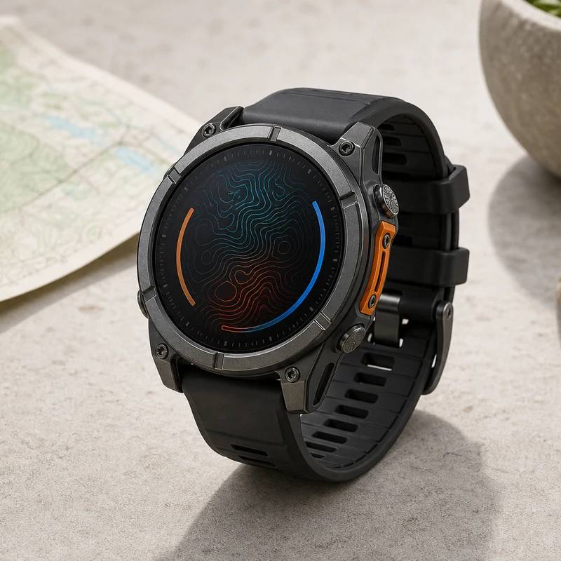 Garmin Fenix 8 AMOLED rugged smartwatch on a light tabletop