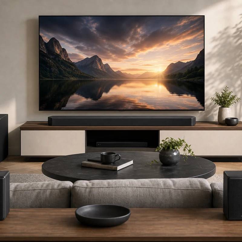 Samsung HW-Q990F soundbar system with subwoofer and rear speakers in a living room