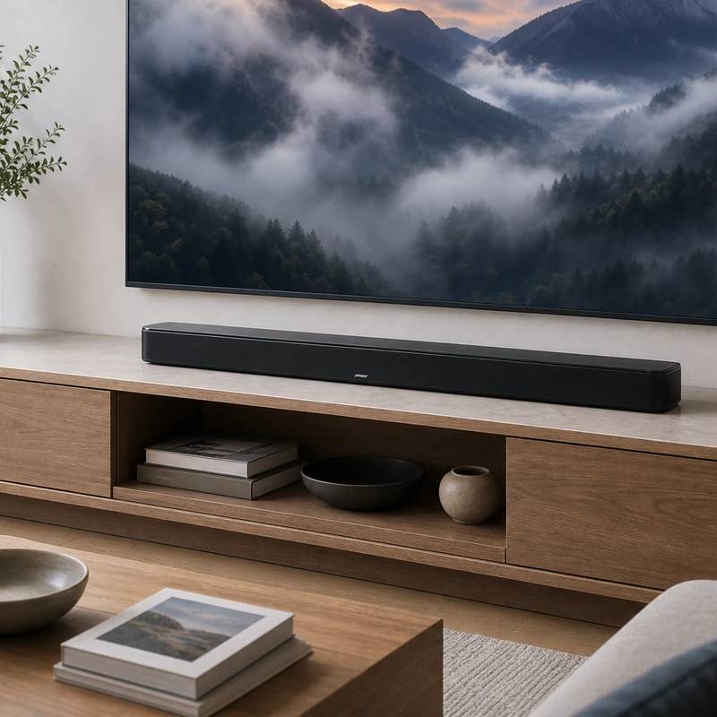 Bose Smart Ultra Soundbar under a TV in a bright living room