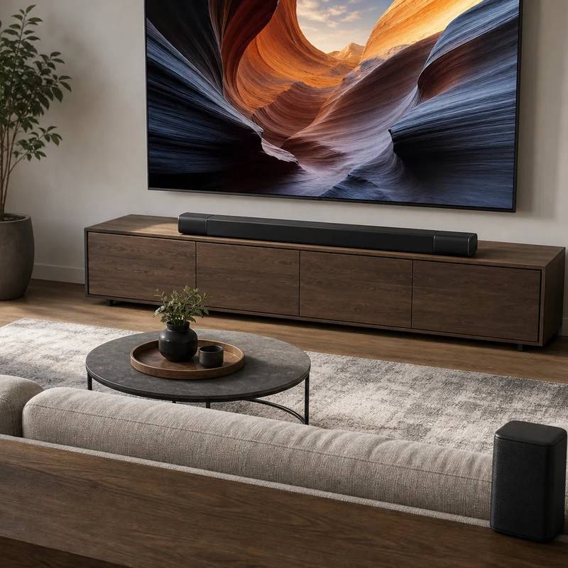 Vizio Elevate 5.1.4 soundbar system with subwoofer and rear speakers in a living room