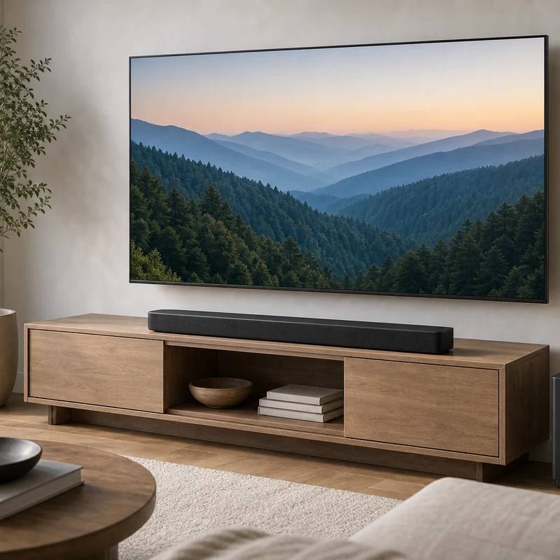 Vizio V-Series 2.1 soundbar and wireless subwoofer in a living room