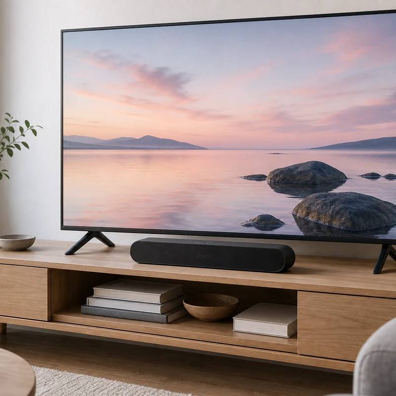 Sonos Ray compact soundbar under a TV in a small living room