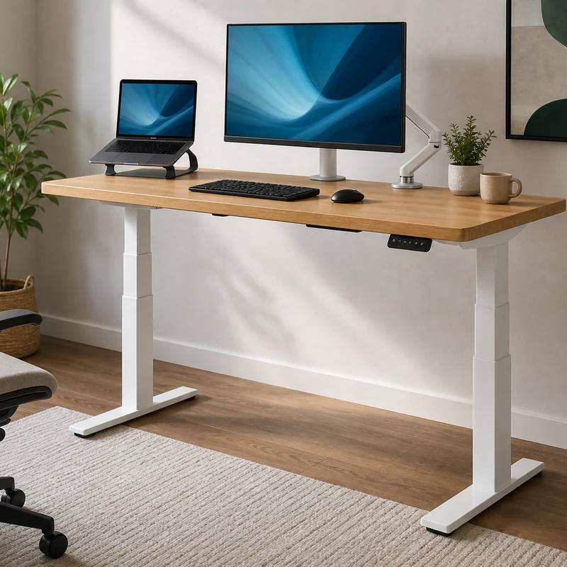 Uplift V2 Standing Desk with wood top and white frame in a bright home office