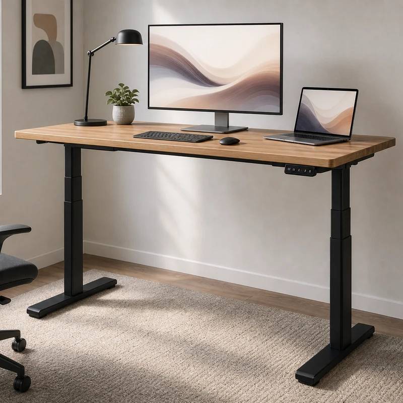 FlexiSpot E7 Pro standing desk with wood top and black frame in a bright home office