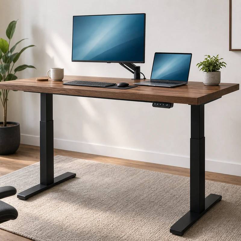 Vari Electric Standing Desk with wood top and black T-style legs in a bright home office