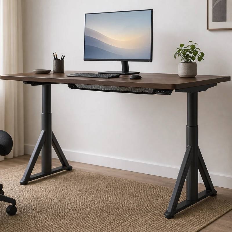 IKEA Idasen sit stand desk with angled trestle legs in a bright home office