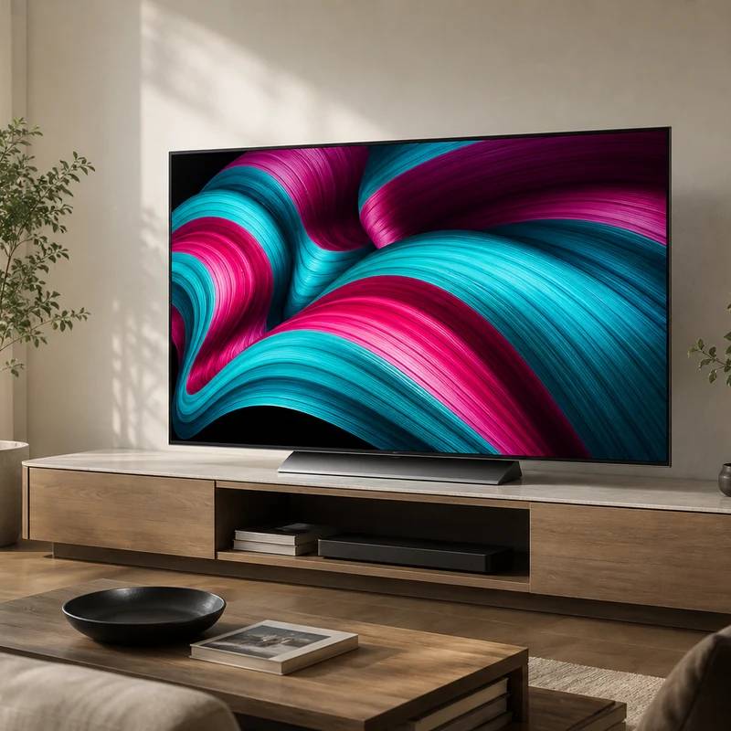 LG C5 OLED TV on a media console in a bright living room