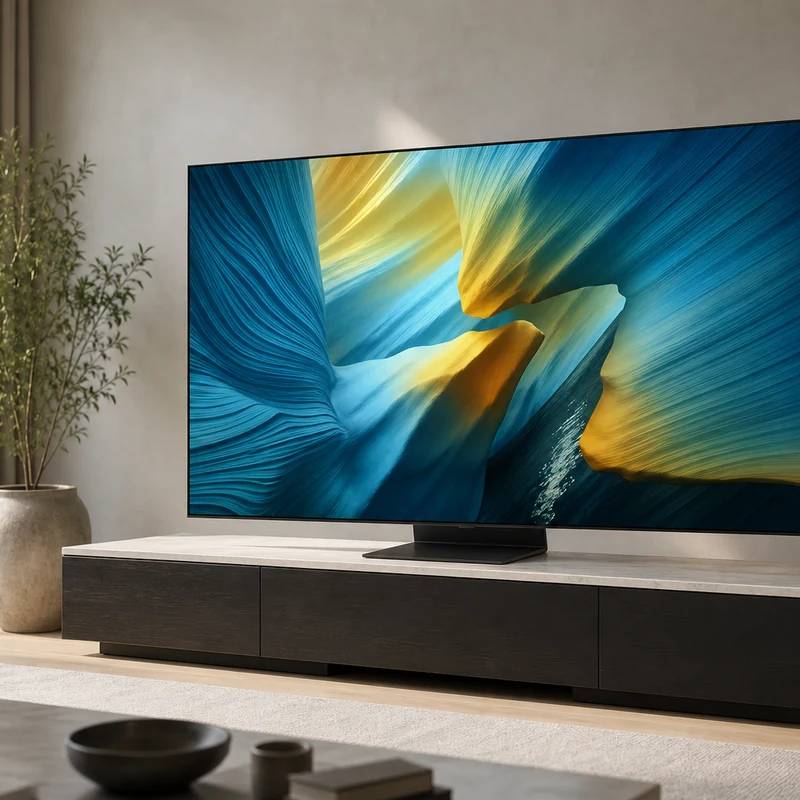 Samsung S95F OLED TV on a media console in a bright living room
