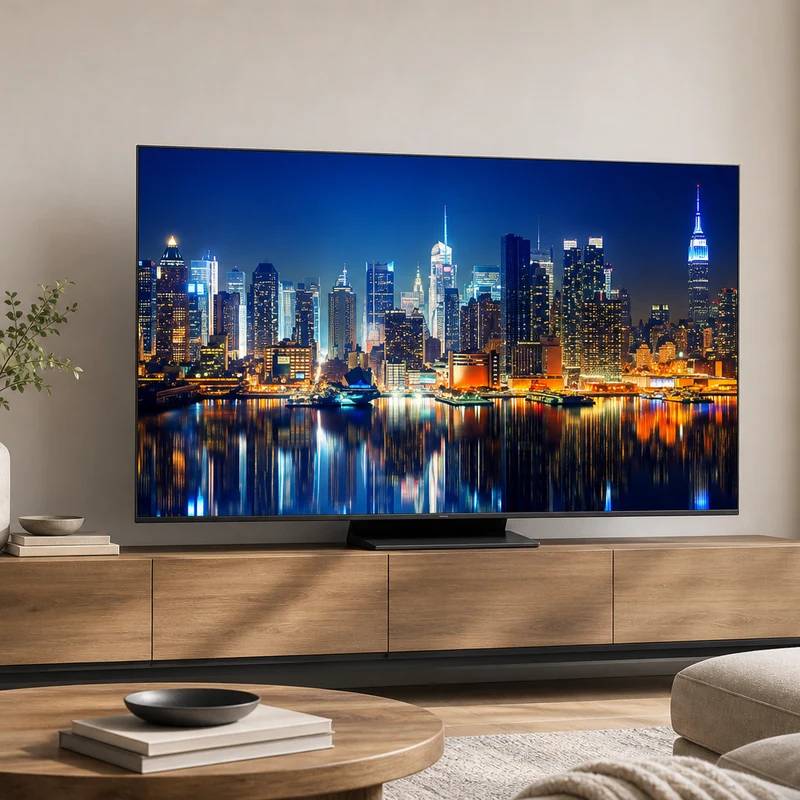 TCL QM8K TV on a media console in a bright living room