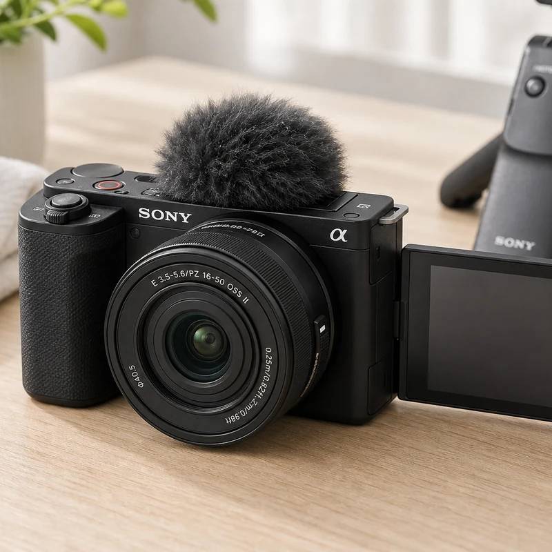 Sony ZV-E10 II vlogging camera on a bright creator desk