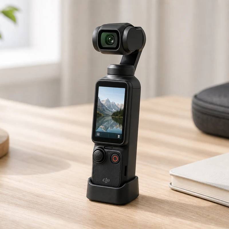 DJI Osmo Pocket 3 pocket gimbal camera on a bright creator desk