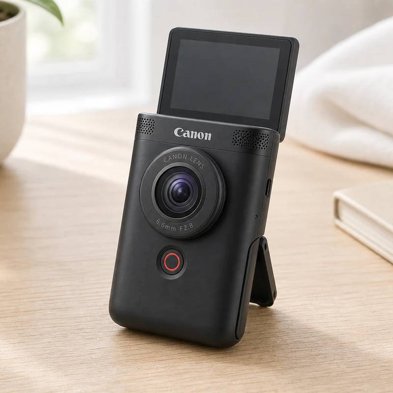 Canon PowerShot V10 compact vlogging camera on a bright creator desk
