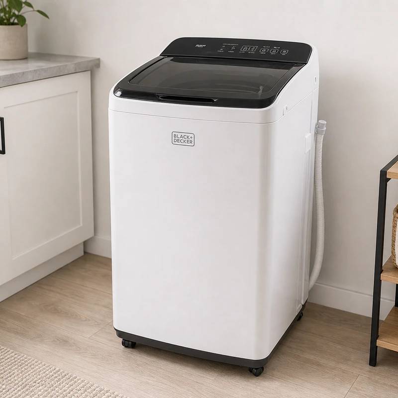 BLACK+DECKER BPWM09W portable washing machine in a bright apartment laundry space