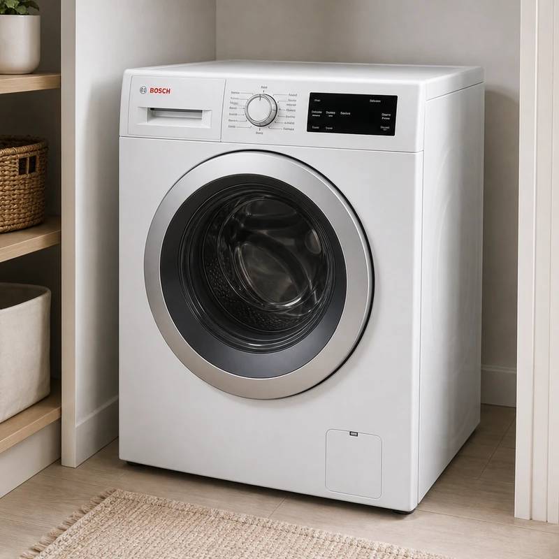 Bosch 500 Series WAT28401UC compact washing machine in a bright laundry room